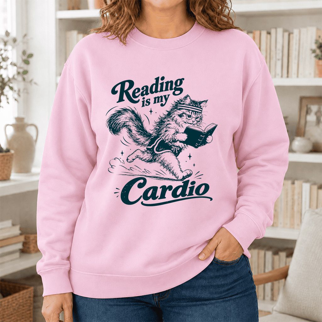 Reading Is My Cardio Printed Sweatshirt | Funny Cat Lover Reader Gift Light Pink