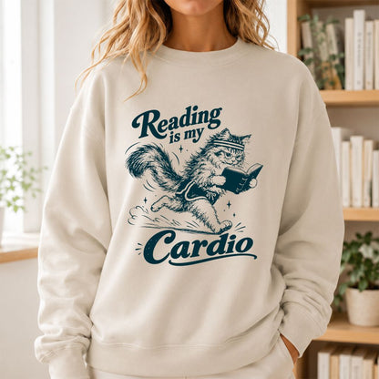 Reading Is My Cardio Printed Sweatshirt | Funny Cat Lover Reader Gift Sand