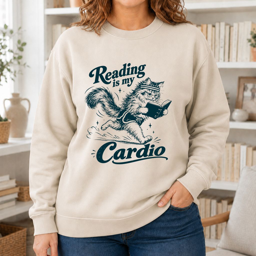 Reading Is My Cardio Printed Sweatshirt | Funny Cat Lover Reader Gift Sand