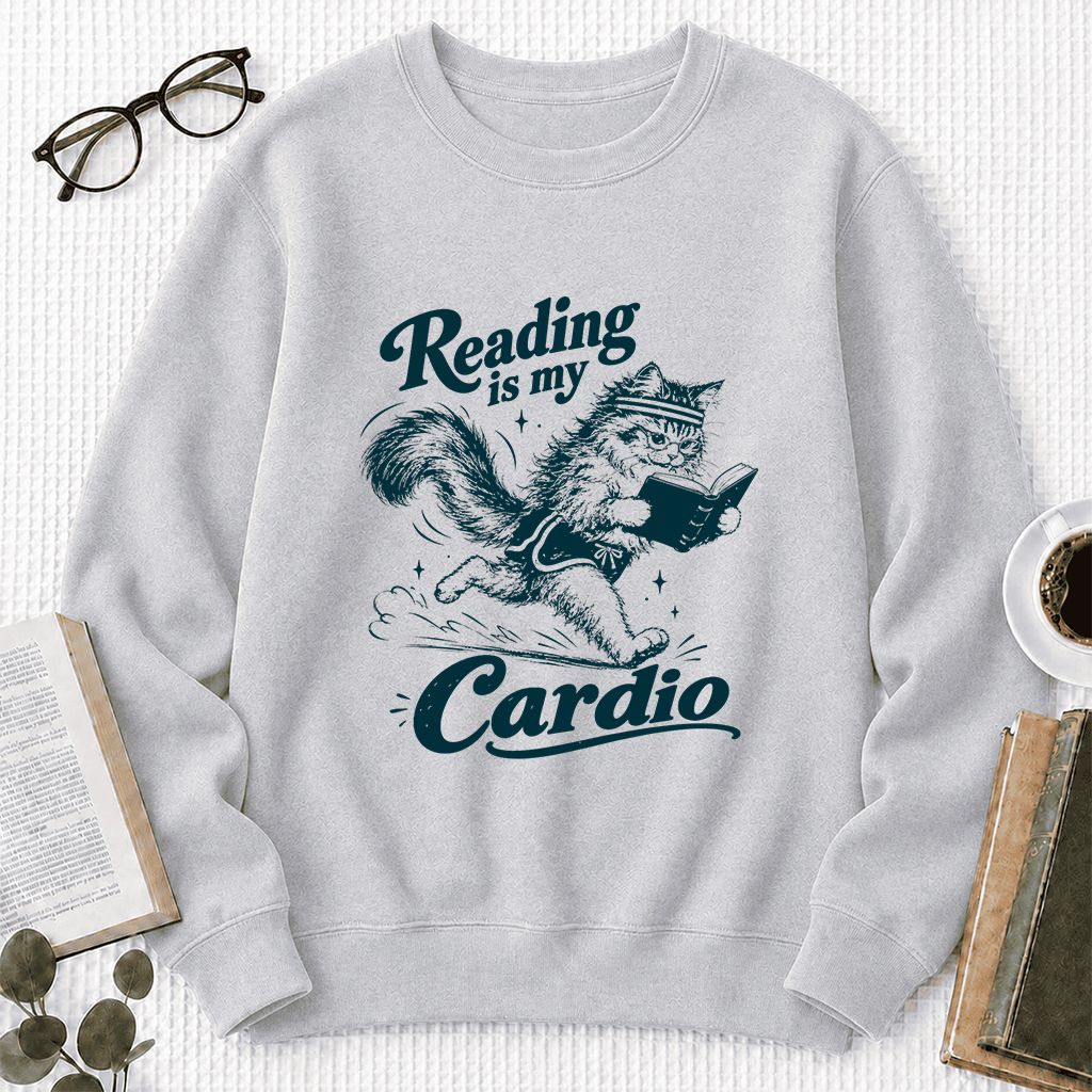 Reading Is My Cardio Printed Sweatshirt | Funny Cat Lover Reader Gift Sport Grey