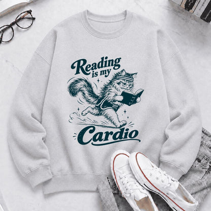 Reading Is My Cardio Printed Sweatshirt | Funny Cat Lover Reader Gift Sport Grey