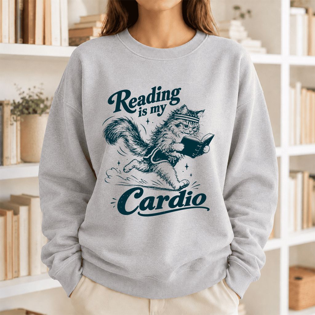 Reading Is My Cardio Printed Sweatshirt | Funny Cat Lover Reader Gift Sport Grey