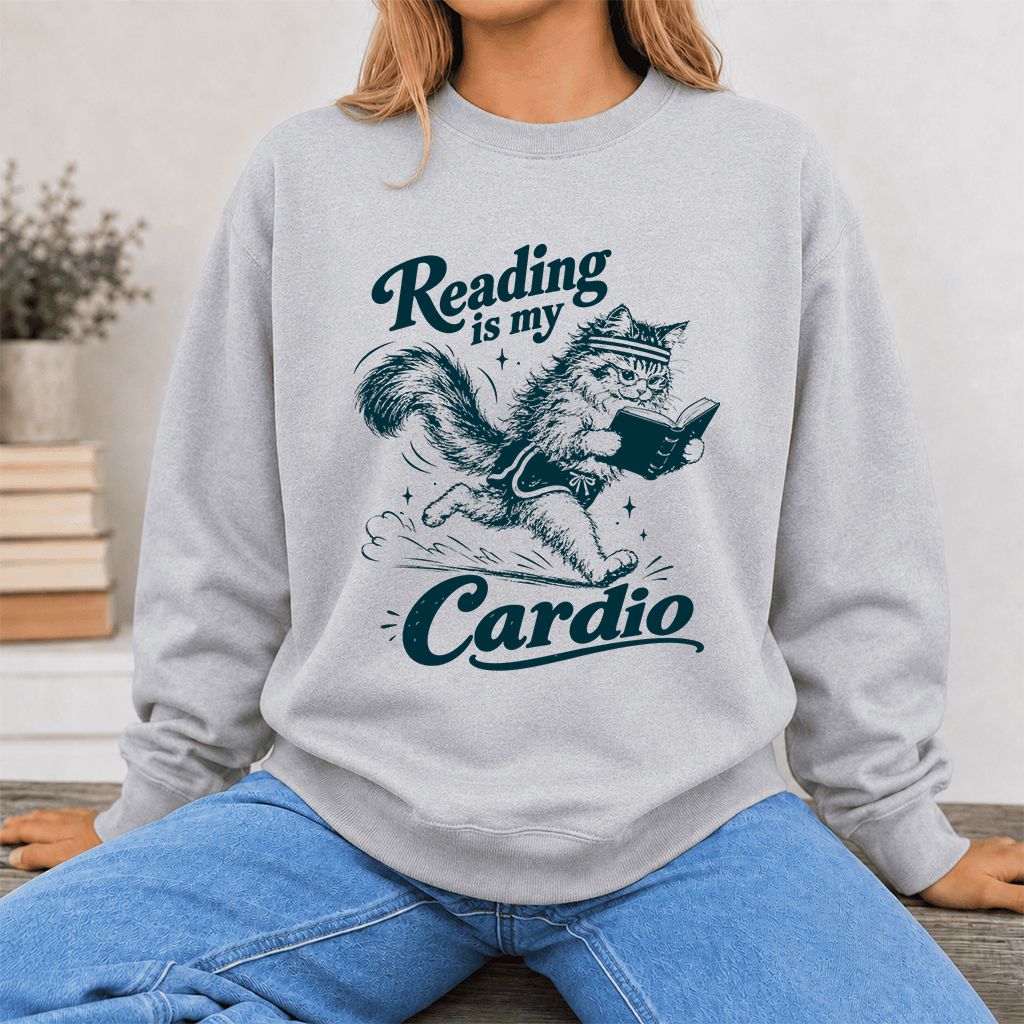Reading Is My Cardio Printed Sweatshirt | Funny Cat Lover Reader Gift Sport Grey