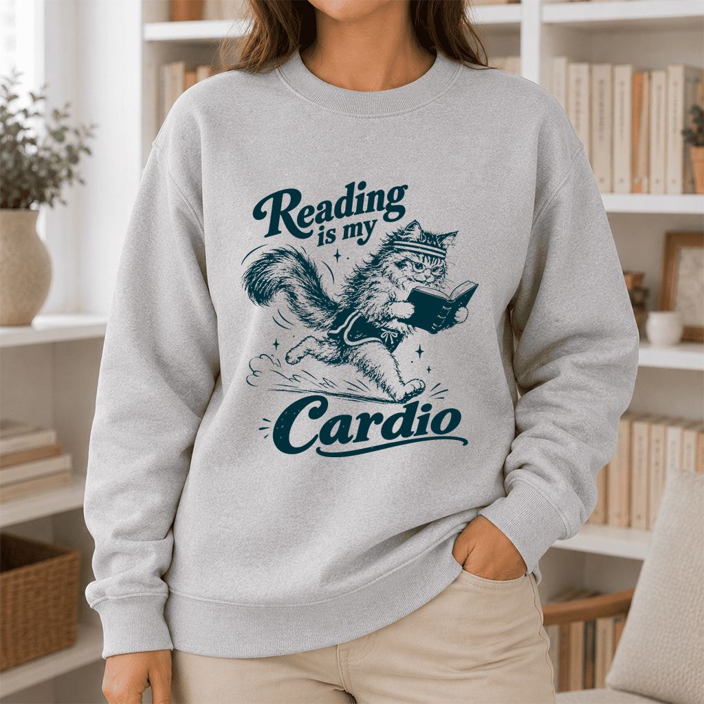 Reading Is My Cardio Printed Sweatshirt | Funny Cat Lover Reader Gift Sport Grey