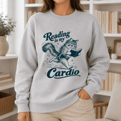 Reading Is My Cardio Printed Sweatshirt | Funny Cat Lover Reader Gift Sport Grey