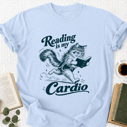 Reading Is My Cardio Printed T-Shirt | Funny Cat Lover Reader Gift Light Blue
