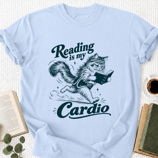 Reading Is My Cardio Printed T-Shirt | Funny Cat Lover Reader Gift Light Blue