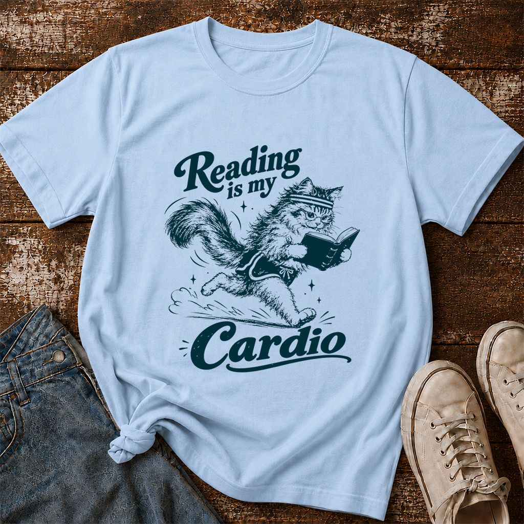 Reading Is My Cardio Printed T-Shirt | Funny Cat Lover Reader Gift Light Blue