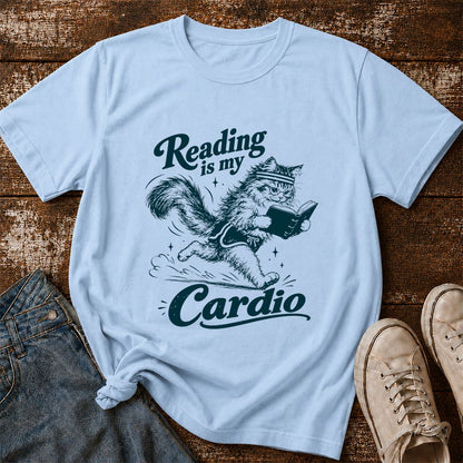 Reading Is My Cardio Printed T-Shirt | Funny Cat Lover Reader Gift Light Blue