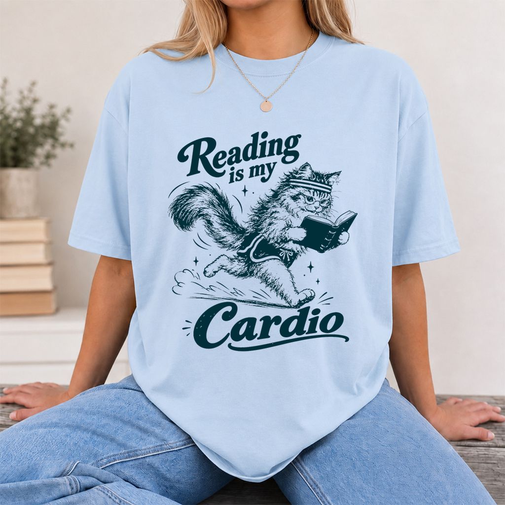 Reading Is My Cardio Printed T-Shirt | Funny Cat Lover Reader Gift Light Blue
