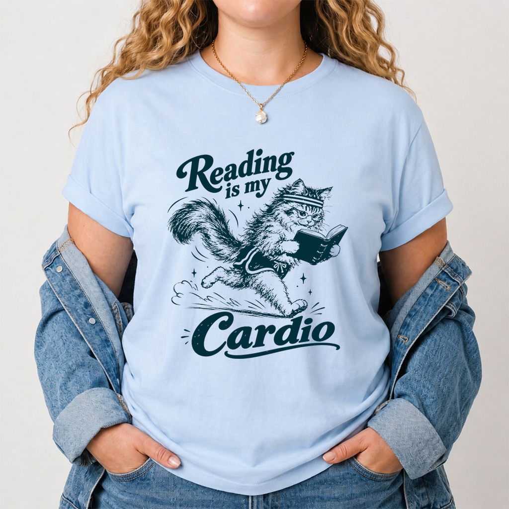Reading Is My Cardio Printed T-Shirt | Funny Cat Lover Reader Gift Light Blue