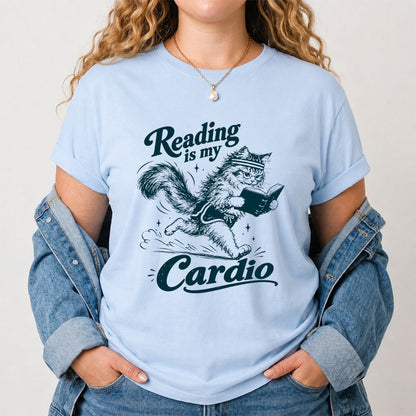 Reading Is My Cardio Printed T-Shirt | Funny Cat Lover Reader Gift Light Blue