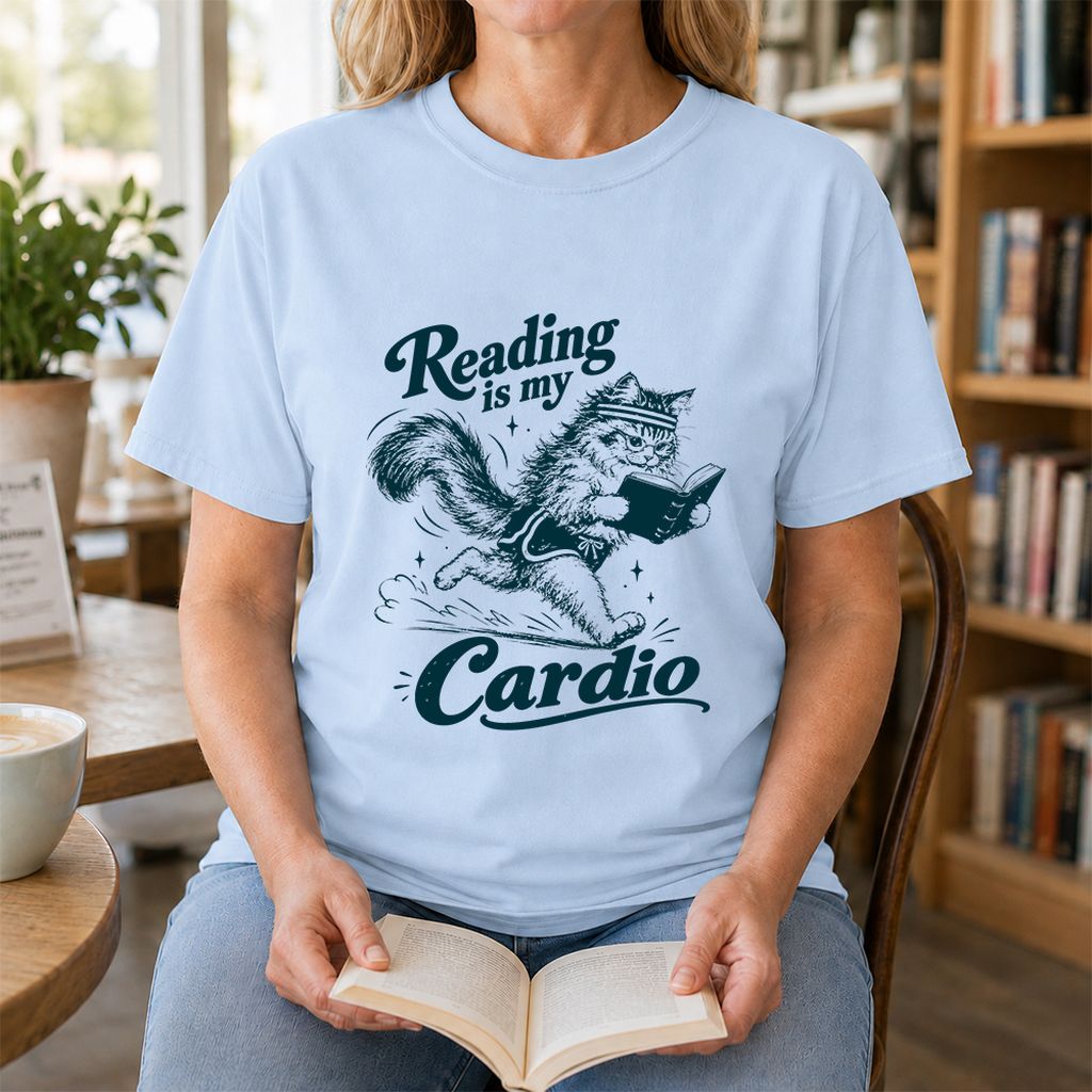 Reading Is My Cardio Printed T-Shirt | Funny Cat Lover Reader Gift Light Blue