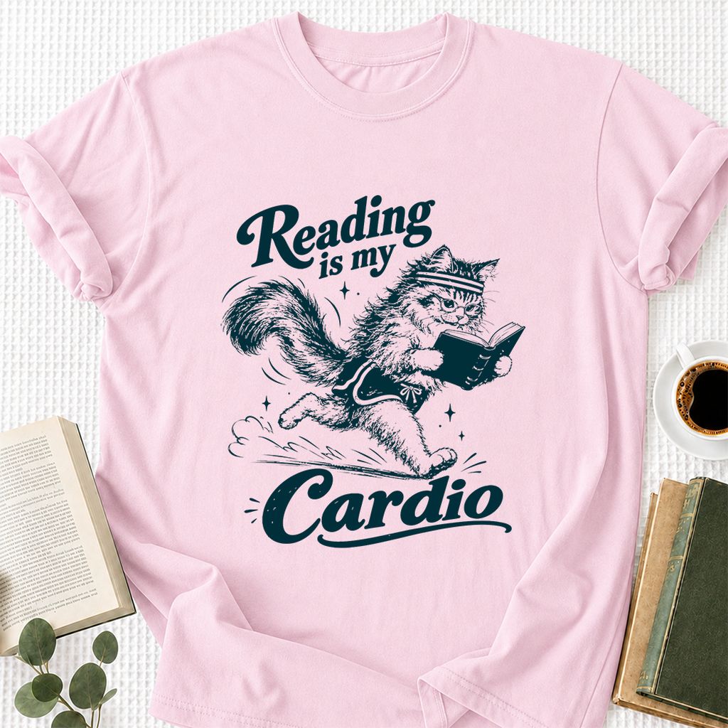 Reading Is My Cardio Printed T-Shirt | Funny Cat Lover Reader Gift Light Pink