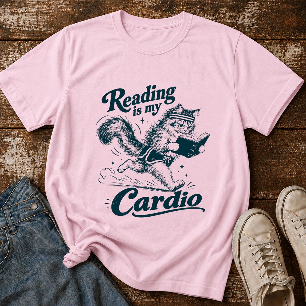Reading Is My Cardio Printed T-Shirt | Funny Cat Lover Reader Gift Light Pink
