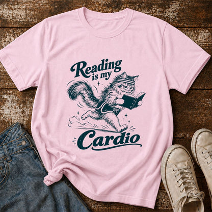 Reading Is My Cardio Printed T-Shirt | Funny Cat Lover Reader Gift Light Pink