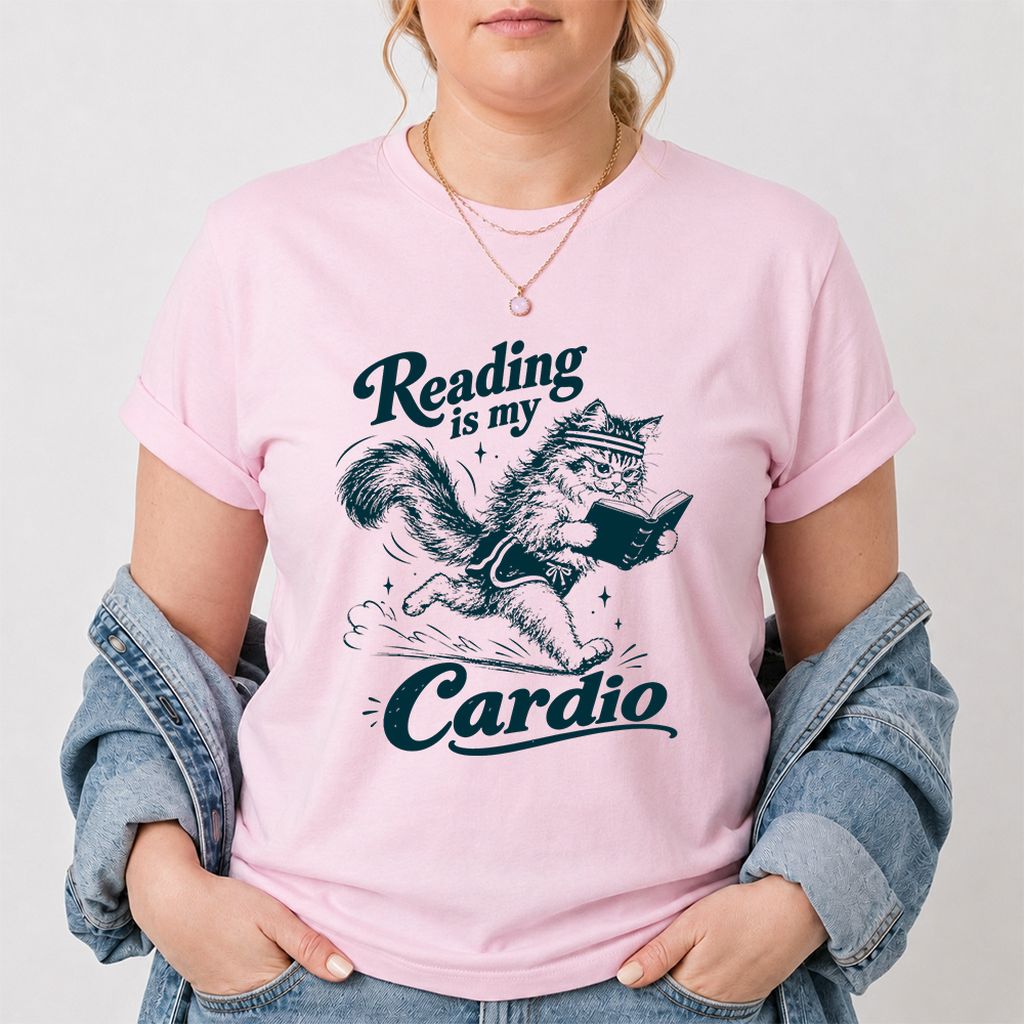 Reading Is My Cardio Printed T-Shirt | Funny Cat Lover Reader Gift Light Pink