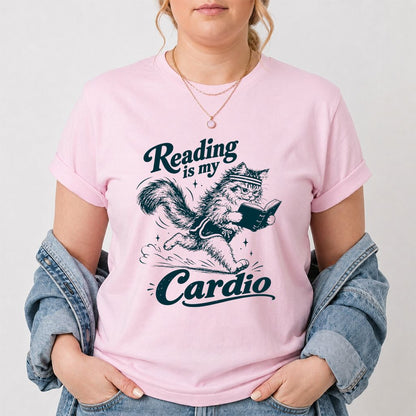 Reading Is My Cardio Printed T-Shirt | Funny Cat Lover Reader Gift Light Pink