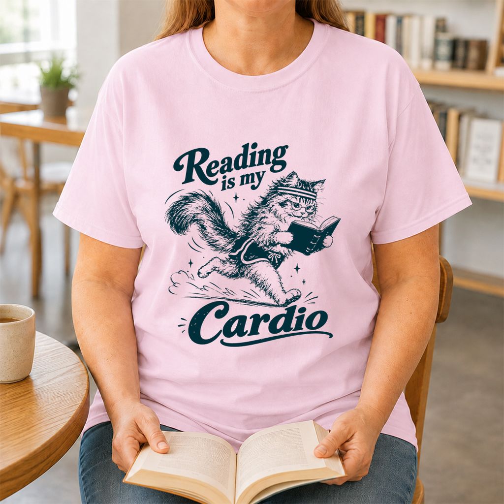 Reading Is My Cardio Printed T-Shirt | Funny Cat Lover Reader Gift Light Pink