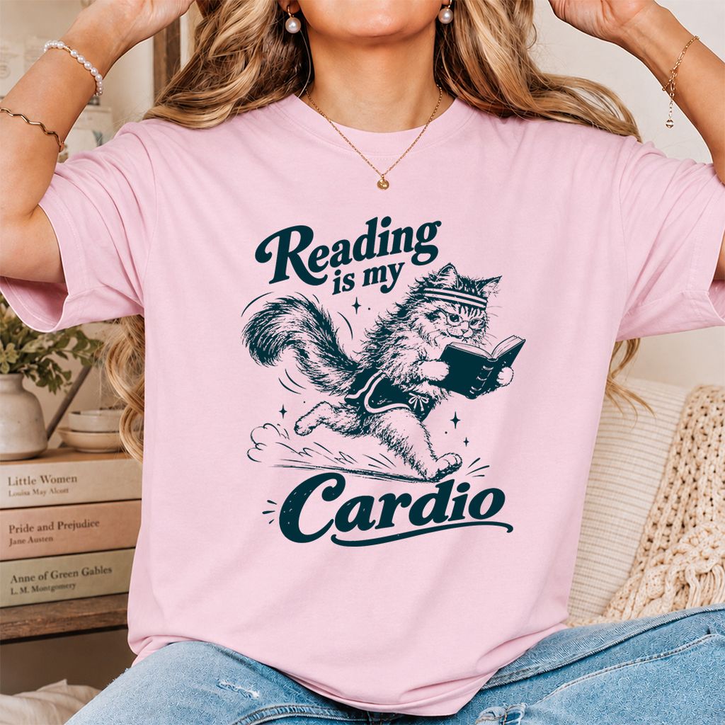 Reading Is My Cardio Printed T-Shirt | Funny Cat Lover Reader Gift Light Pink