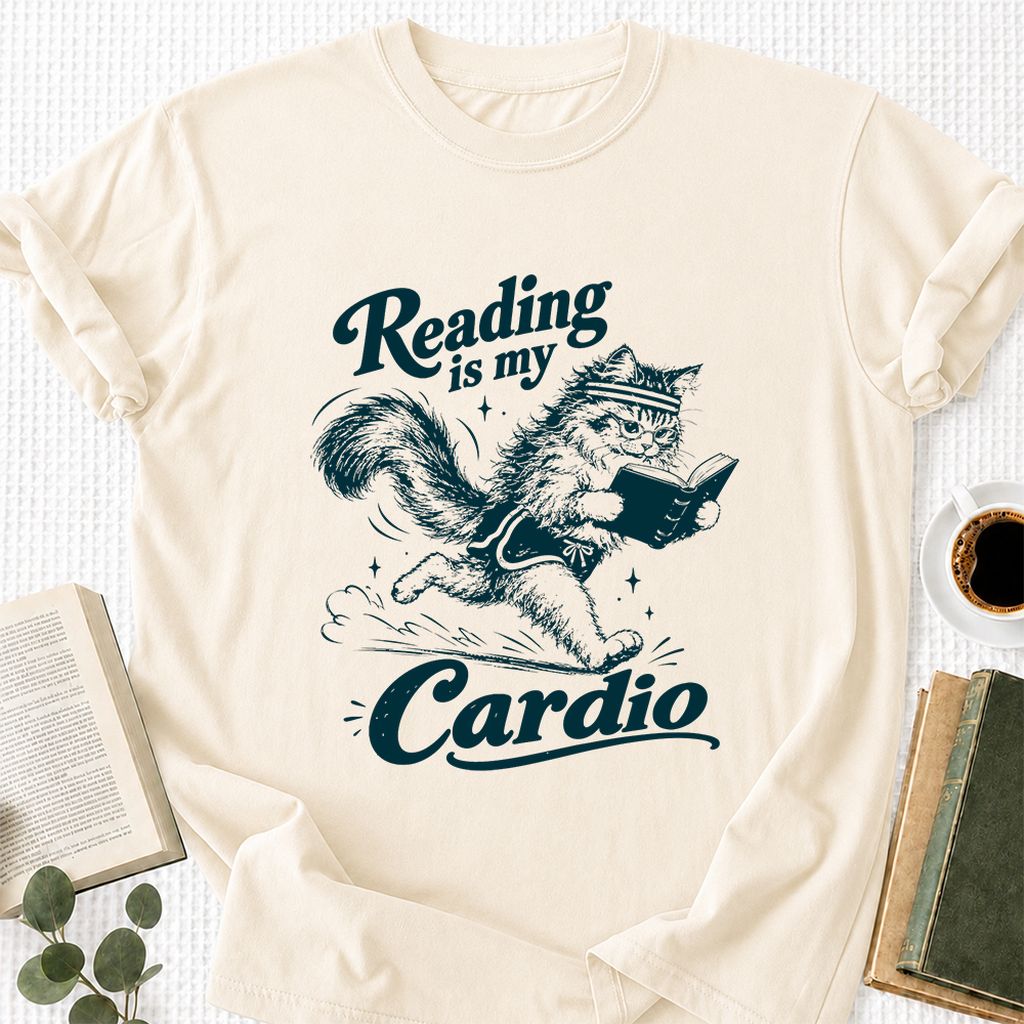 Reading Is My Cardio Printed T-Shirt | Funny Cat Lover Reader Gift Natural