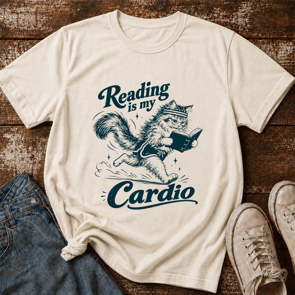Reading Is My Cardio Printed T-Shirt | Funny Cat Lover Reader Gift Natural