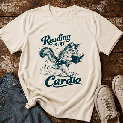 Reading Is My Cardio Printed T-Shirt | Funny Cat Lover Reader Gift Natural