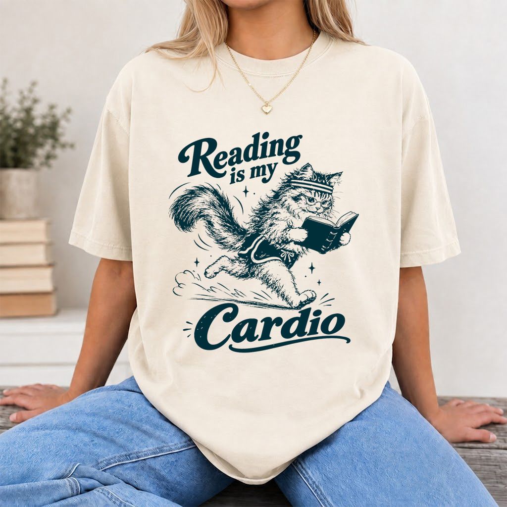 Reading Is My Cardio Printed T-Shirt | Funny Cat Lover Reader Gift Natural