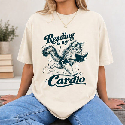 Reading Is My Cardio Printed T-Shirt | Funny Cat Lover Reader Gift Natural