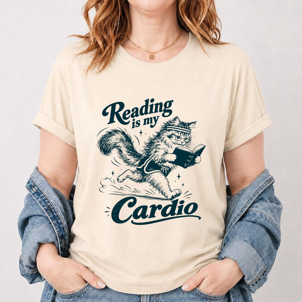 Reading Is My Cardio Printed T-Shirt | Funny Cat Lover Reader Gift Natural