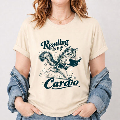 Reading Is My Cardio Printed T-Shirt | Funny Cat Lover Reader Gift Natural