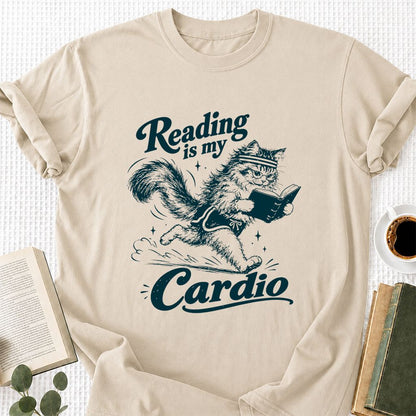 Reading Is My Cardio Printed T-Shirt | Funny Cat Lover Reader Gift Sand