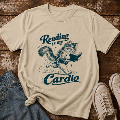 Reading Is My Cardio Printed T-Shirt | Funny Cat Lover Reader Gift Sand