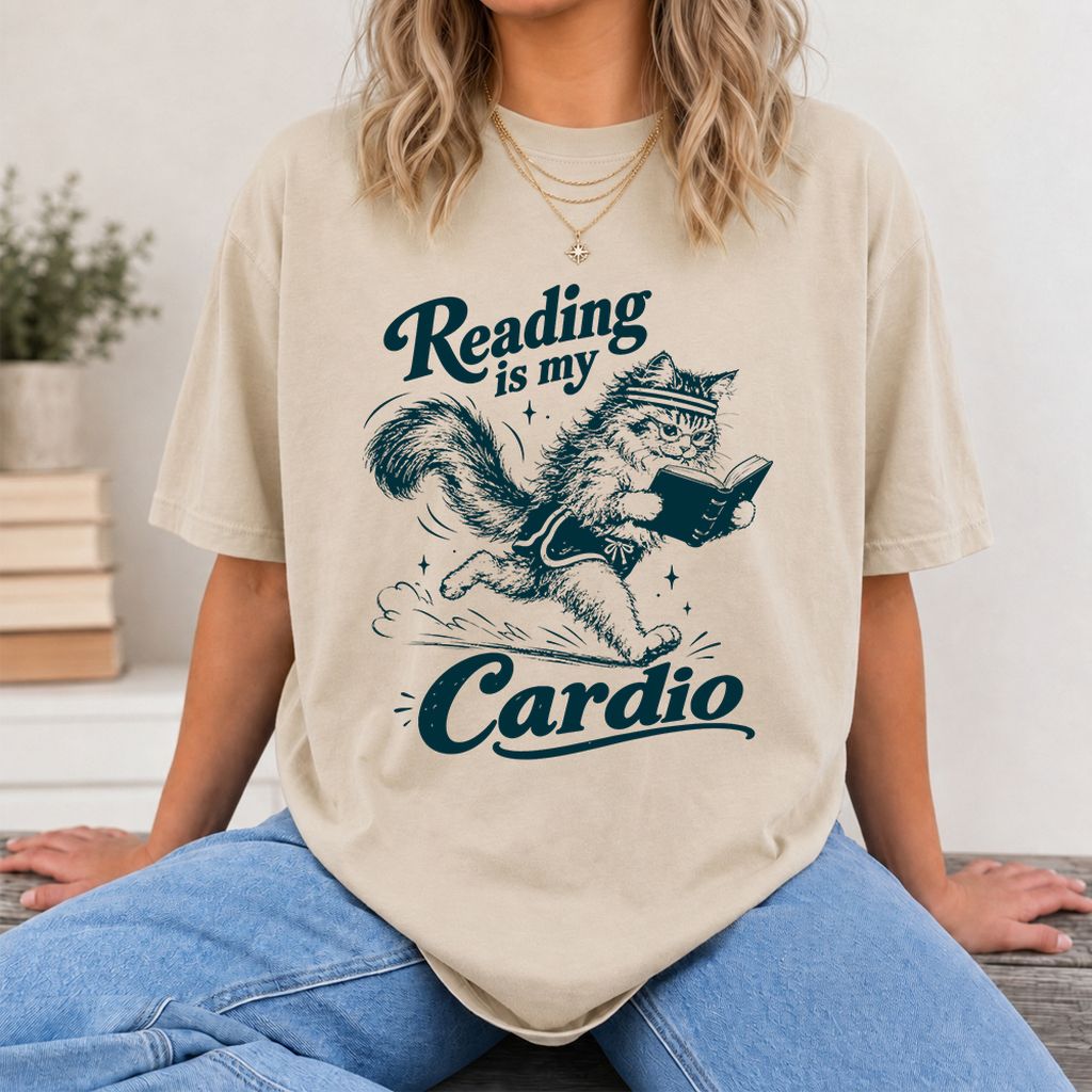 Reading Is My Cardio Printed T-Shirt | Funny Cat Lover Reader Gift Sand