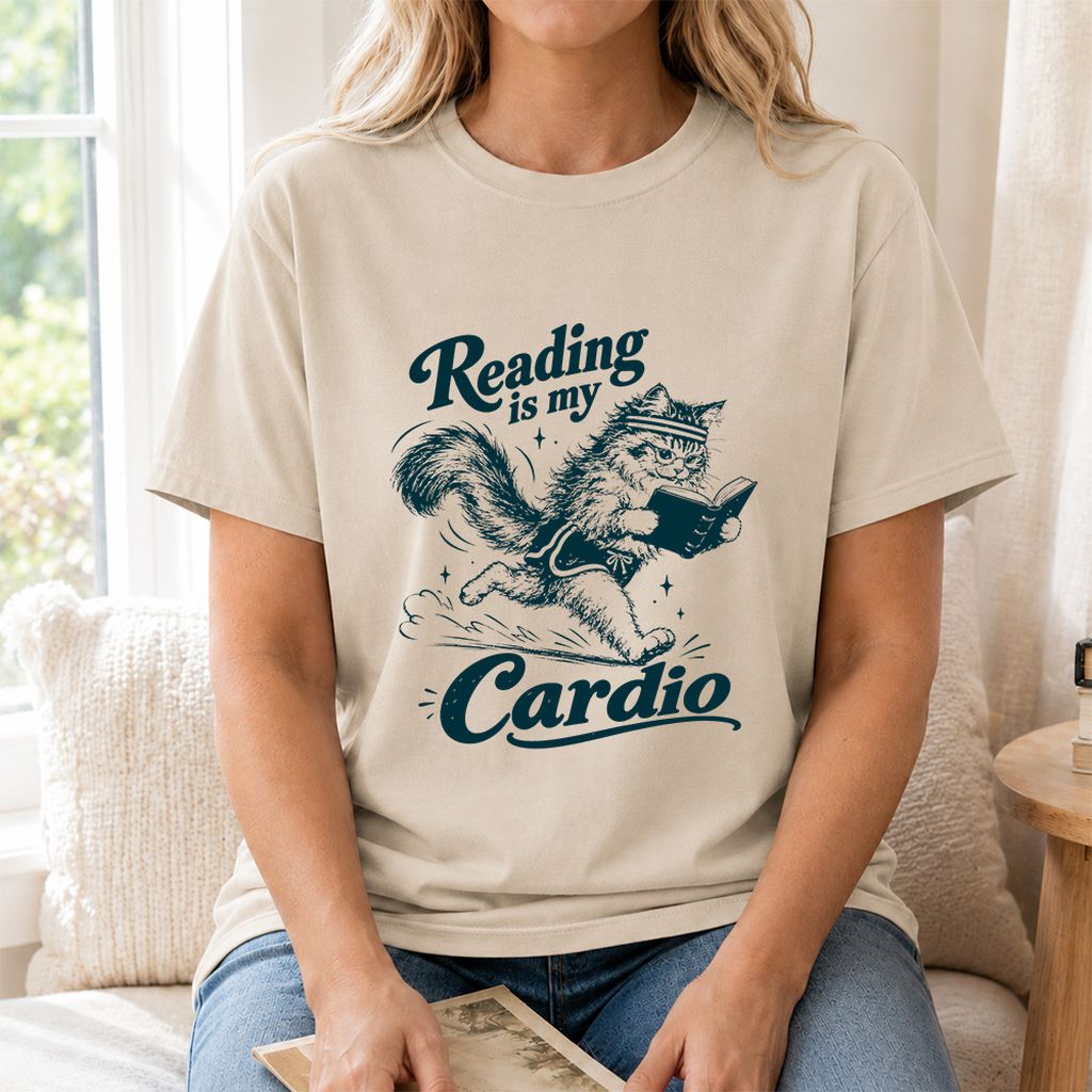 Reading Is My Cardio Printed T-Shirt | Funny Cat Lover Reader Gift Sand