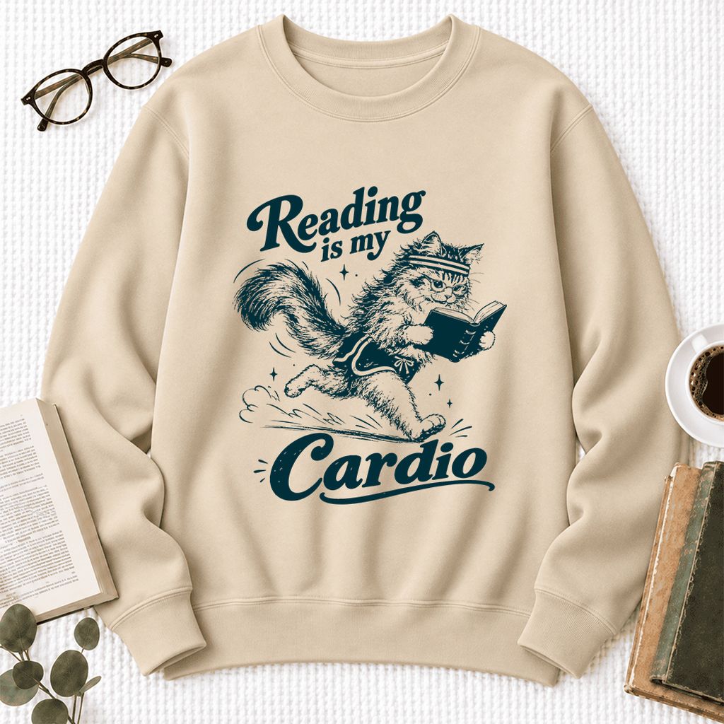 Reading Is My Cardio Softstyle Sweatshirt | Funny Cat Lover Reader Gift Sand