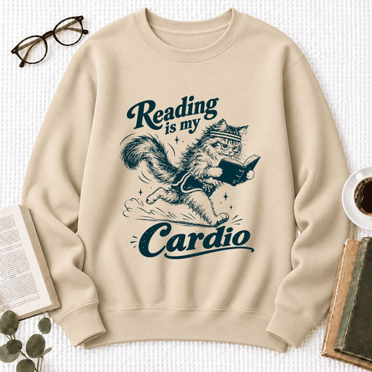 Reading Is My Cardio Softstyle Sweatshirt | Funny Cat Lover Reader Gift Sand