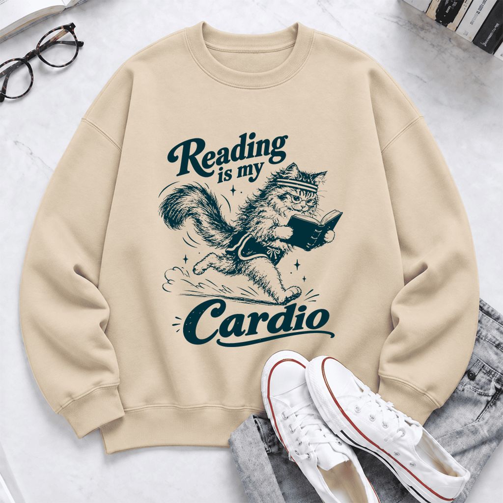 Reading Is My Cardio Softstyle Sweatshirt | Funny Cat Lover Reader Gift Sand