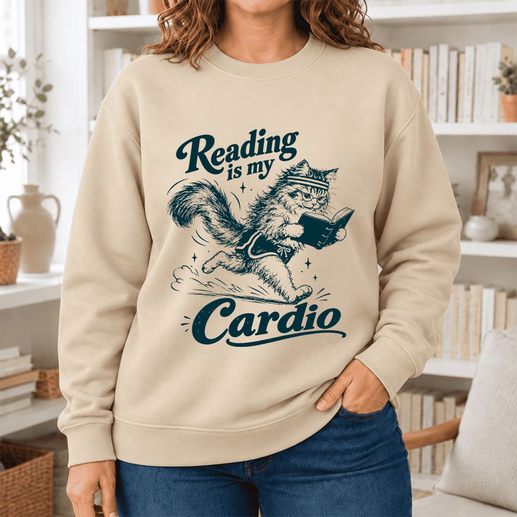 Reading Is My Cardio Softstyle Sweatshirt | Funny Cat Lover Reader Gift Sand