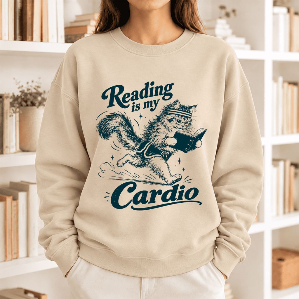Reading Is My Cardio Softstyle Sweatshirt | Funny Cat Lover Reader Gift Sand
