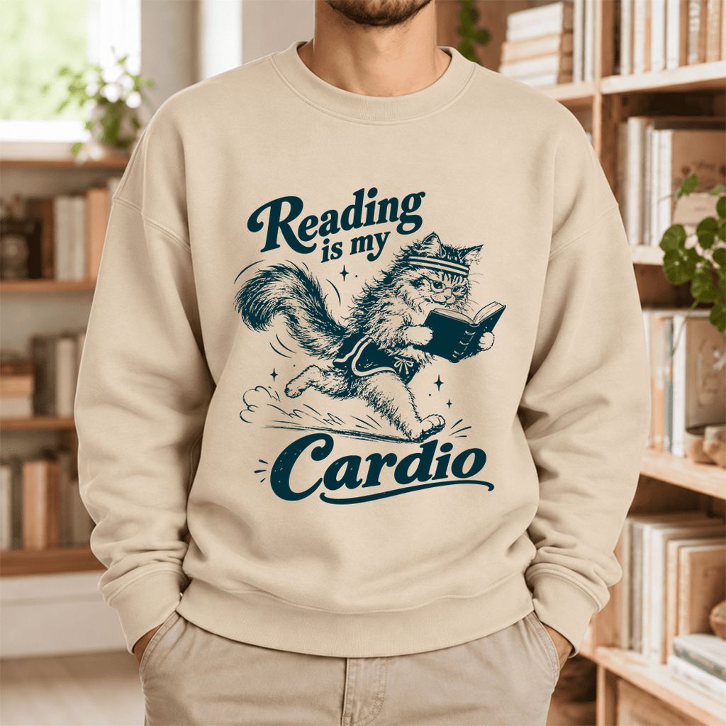 Reading Is My Cardio Softstyle Sweatshirt | Funny Cat Lover Reader Gift Sand