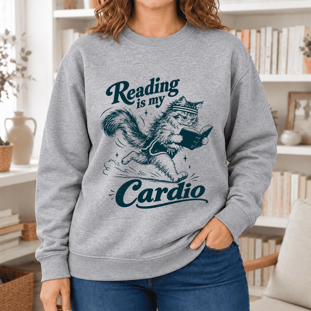 Reading Is My Cardio Softstyle Sweatshirt | Funny Cat Lover Reader Gift Sport Grey