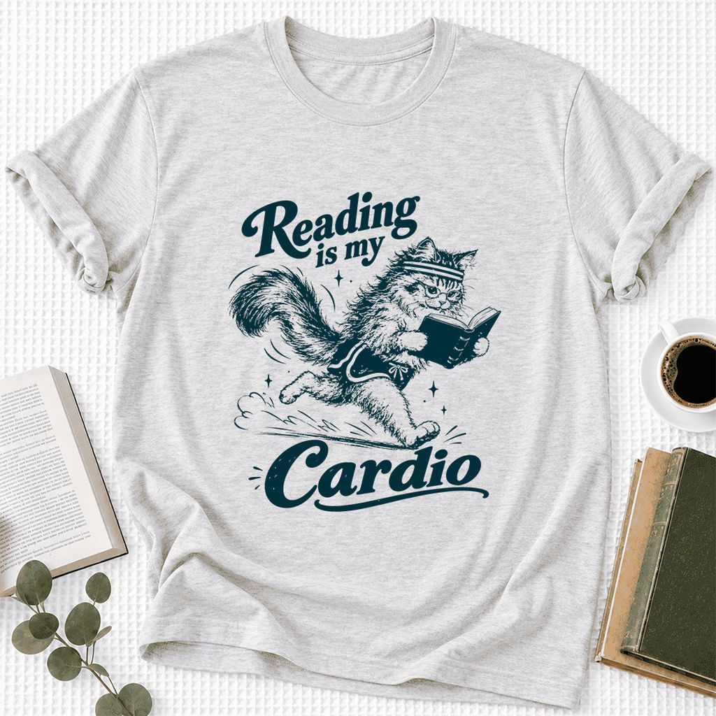 Reading Is My Cardio Ultra-Soft Cotton T-Shirt | Funny Cat Lover Reader Gift Ash