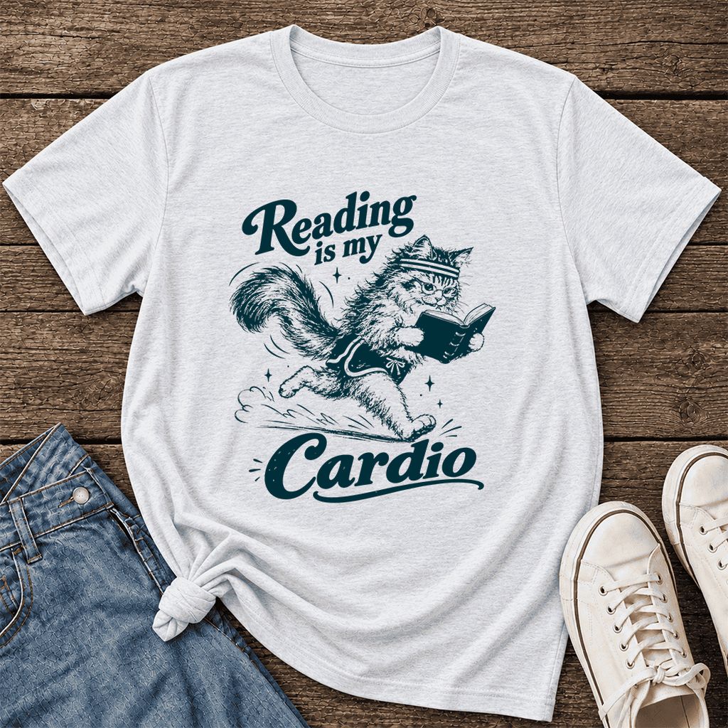 Reading Is My Cardio Ultra-Soft Cotton T-Shirt | Funny Cat Lover Reader Gift Ash