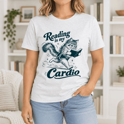 Reading Is My Cardio Ultra-Soft Cotton T-Shirt | Funny Cat Lover Reader Gift Ash