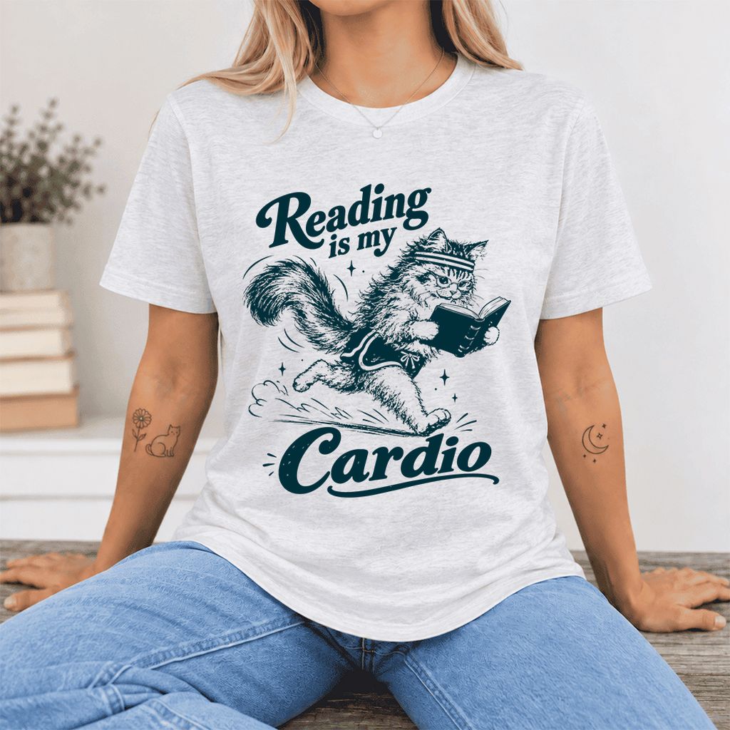 Reading Is My Cardio Ultra-Soft Cotton T-Shirt | Funny Cat Lover Reader Gift Ash