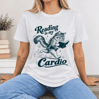 Reading Is My Cardio Ultra-Soft Cotton T-Shirt | Funny Cat Lover Reader Gift Ash