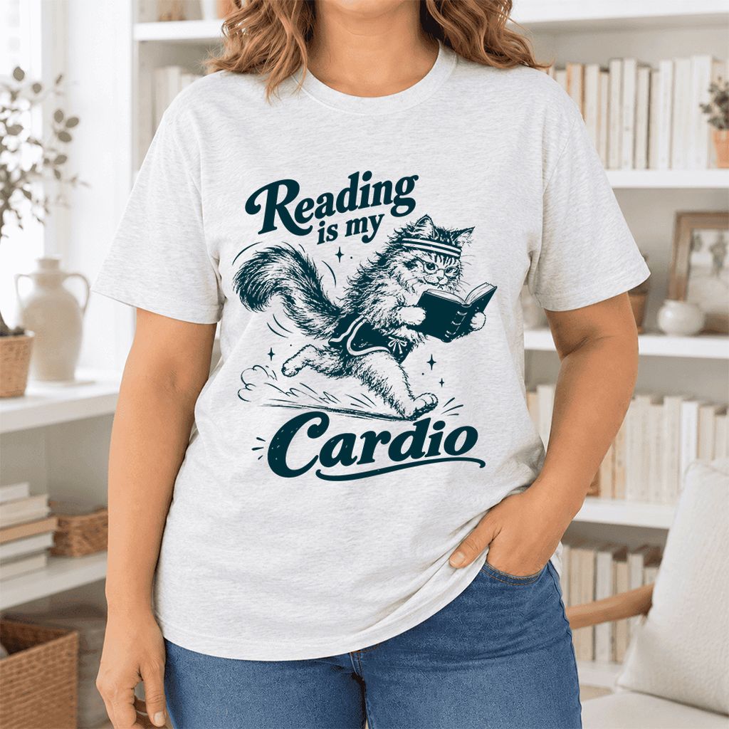 Reading Is My Cardio Ultra-Soft Cotton T-Shirt | Funny Cat Lover Reader Gift Ash