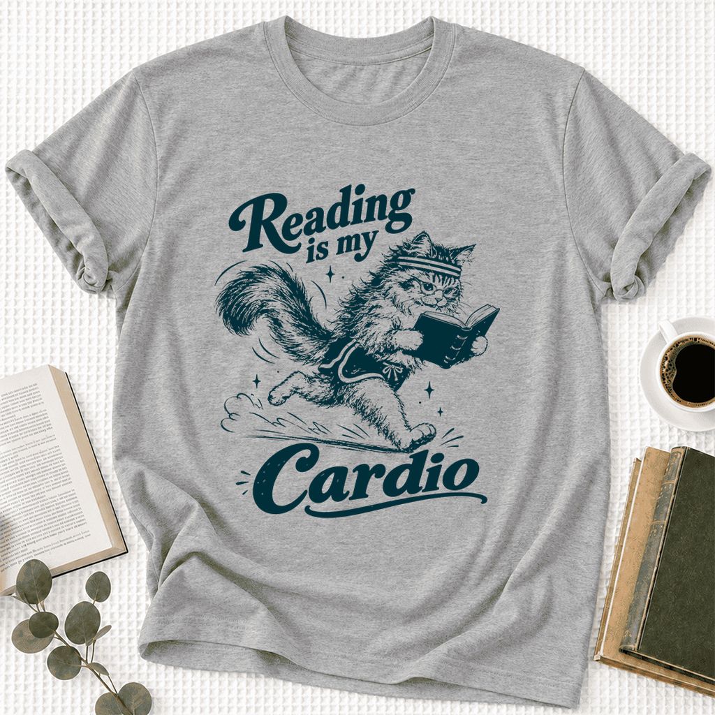 Reading Is My Cardio Ultra-Soft Cotton T-Shirt | Funny Cat Lover Reader Gift Athletic Heather