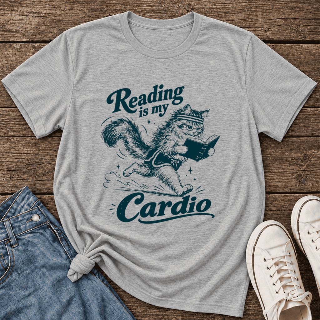 Reading Is My Cardio Ultra-Soft Cotton T-Shirt | Funny Cat Lover Reader Gift Athletic Heather